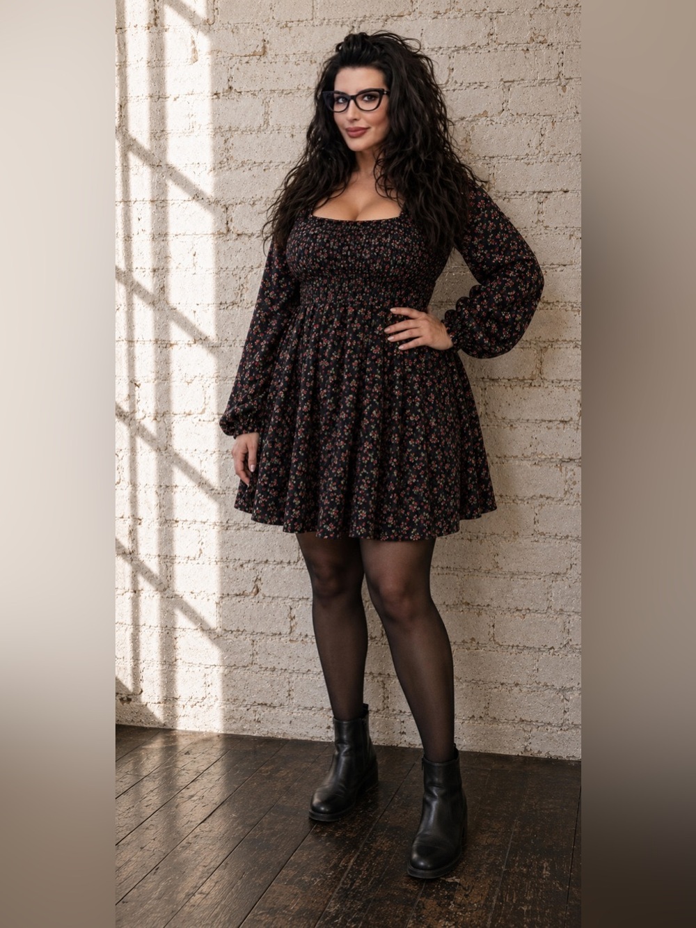Coquette 90s Revival Ditsy Floral Smocked Babydoll Mini Dress Black XXL